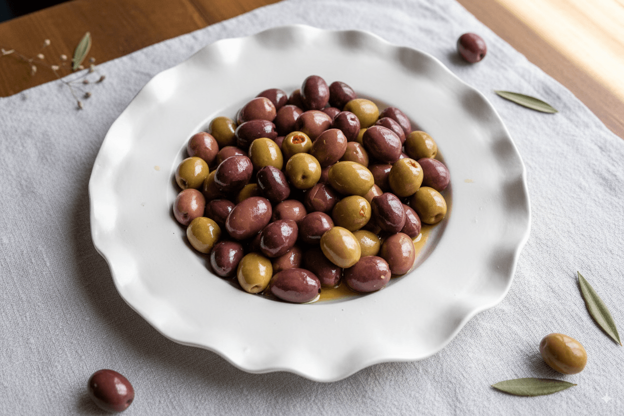 A bowl of naturally wrinkled Throuba olives from Thassos