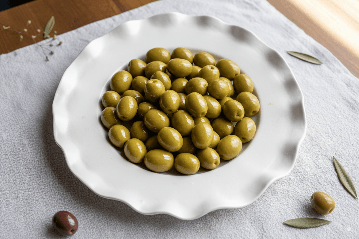 A bowl of large, green Volos olives from Pelion